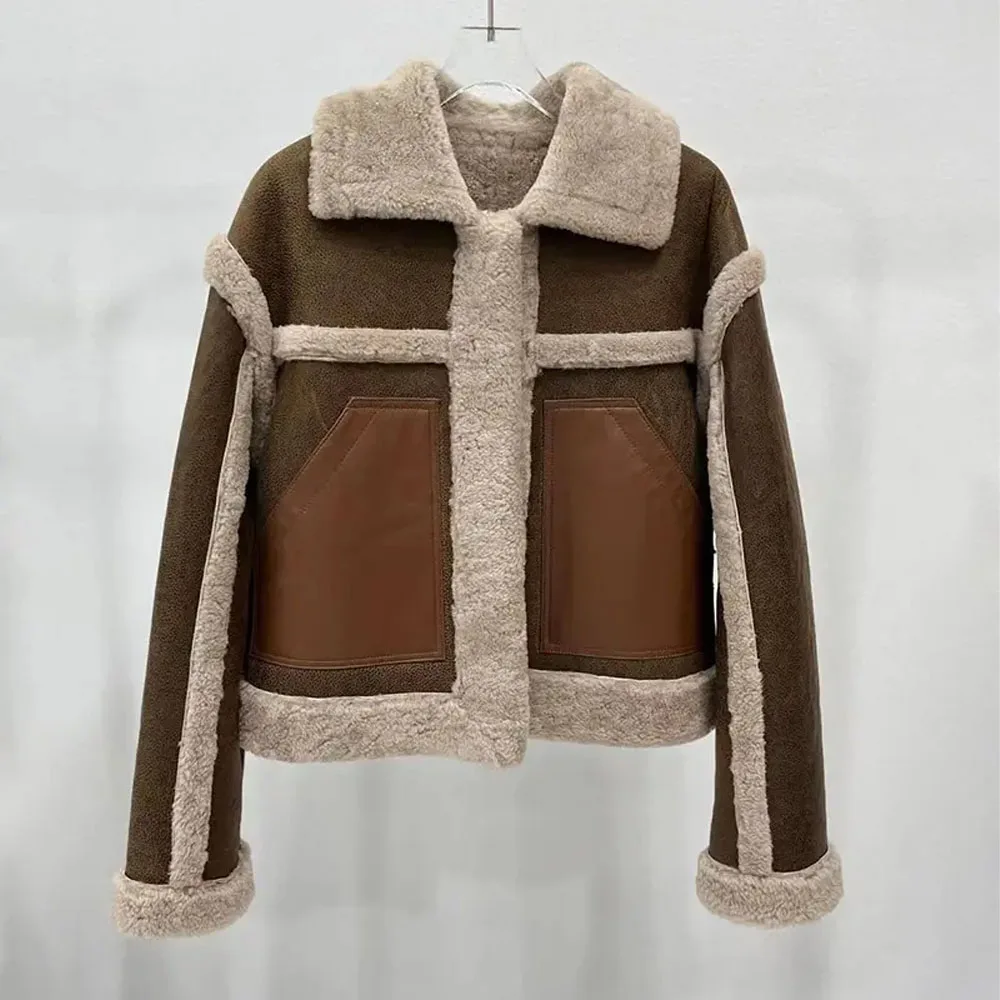 High Quality Sheep Leather Fur Jacket Women Winter Thick Genuine Shearling Coat