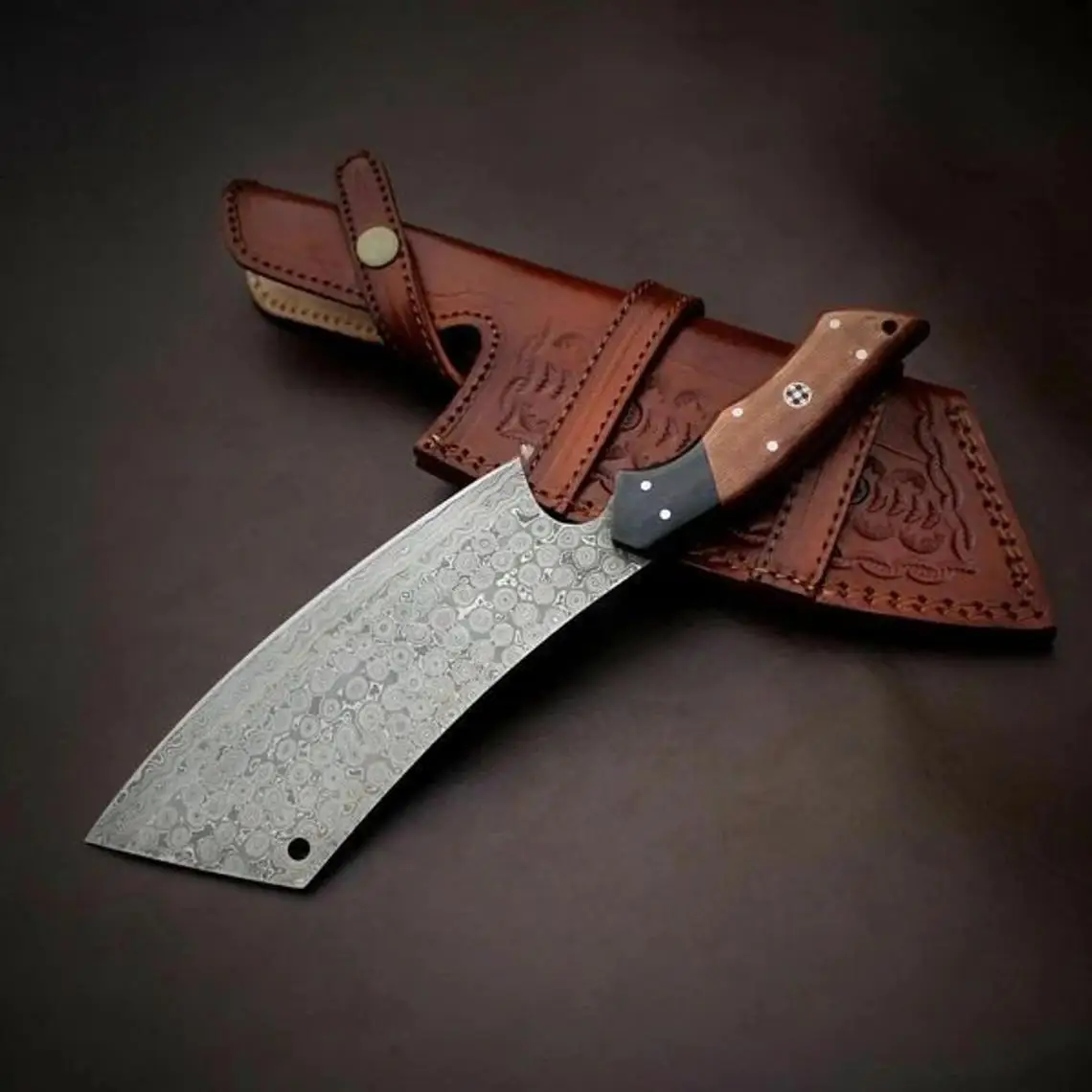 Professional Damascus Steel Serbian Knife, Chopper meat Cleaver Knife Japanese Style With leather sheath