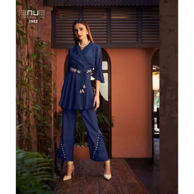 Party Wear Exclusive Latest Trending Pure Viscose Silk Co ord Set With Full Hand Work Belt Online Shopping India For Sale