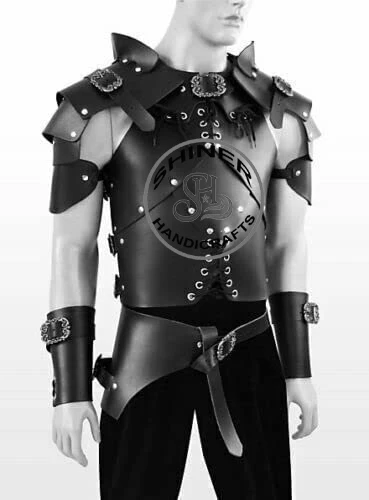 Medieval Cosplay Chest Armor Jacket with Shoulder Armor Pauldron Set Knight Arm Guard Halloween Black Costume