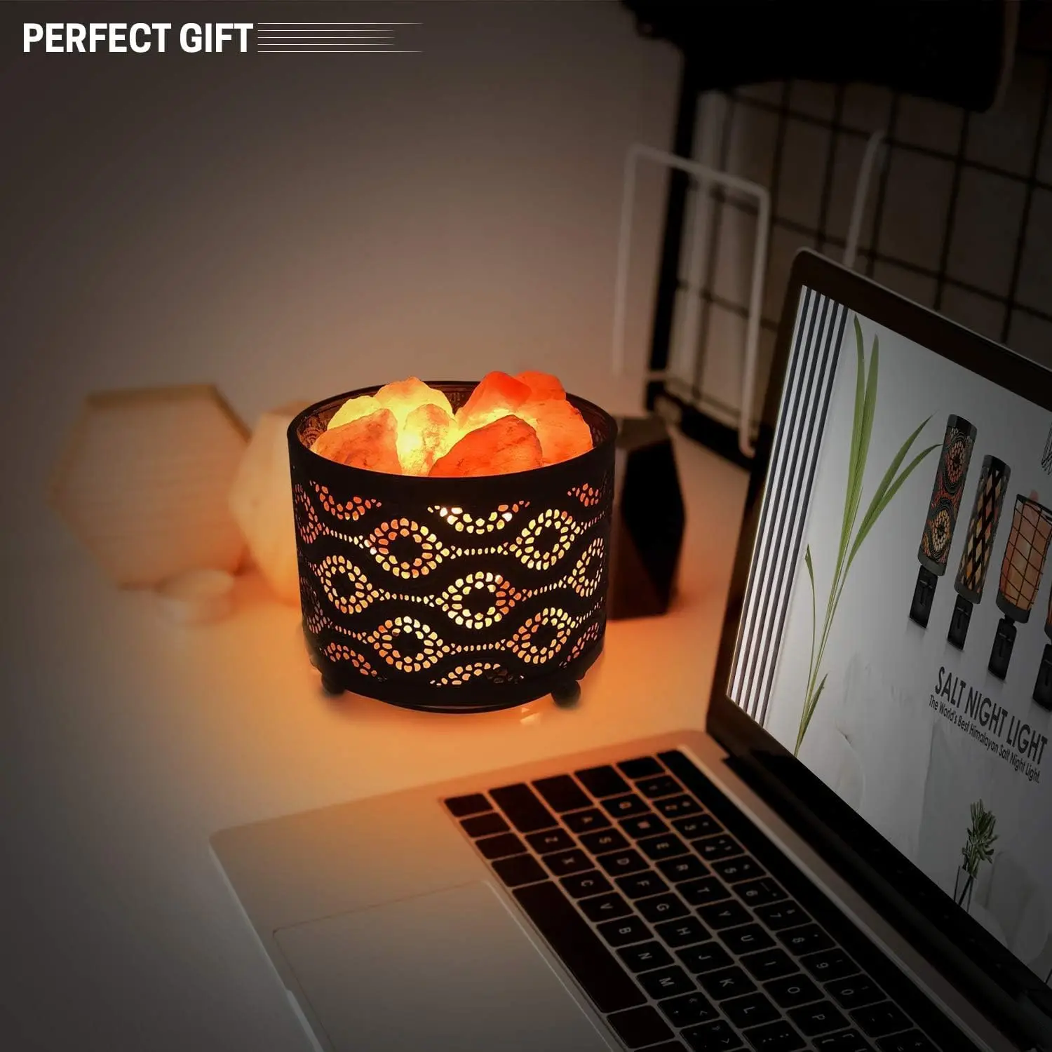 Export Quality Natural Pakistani Himalayan Lamp with Salt Chunks in Mosaic Design Metal Basket Night Light