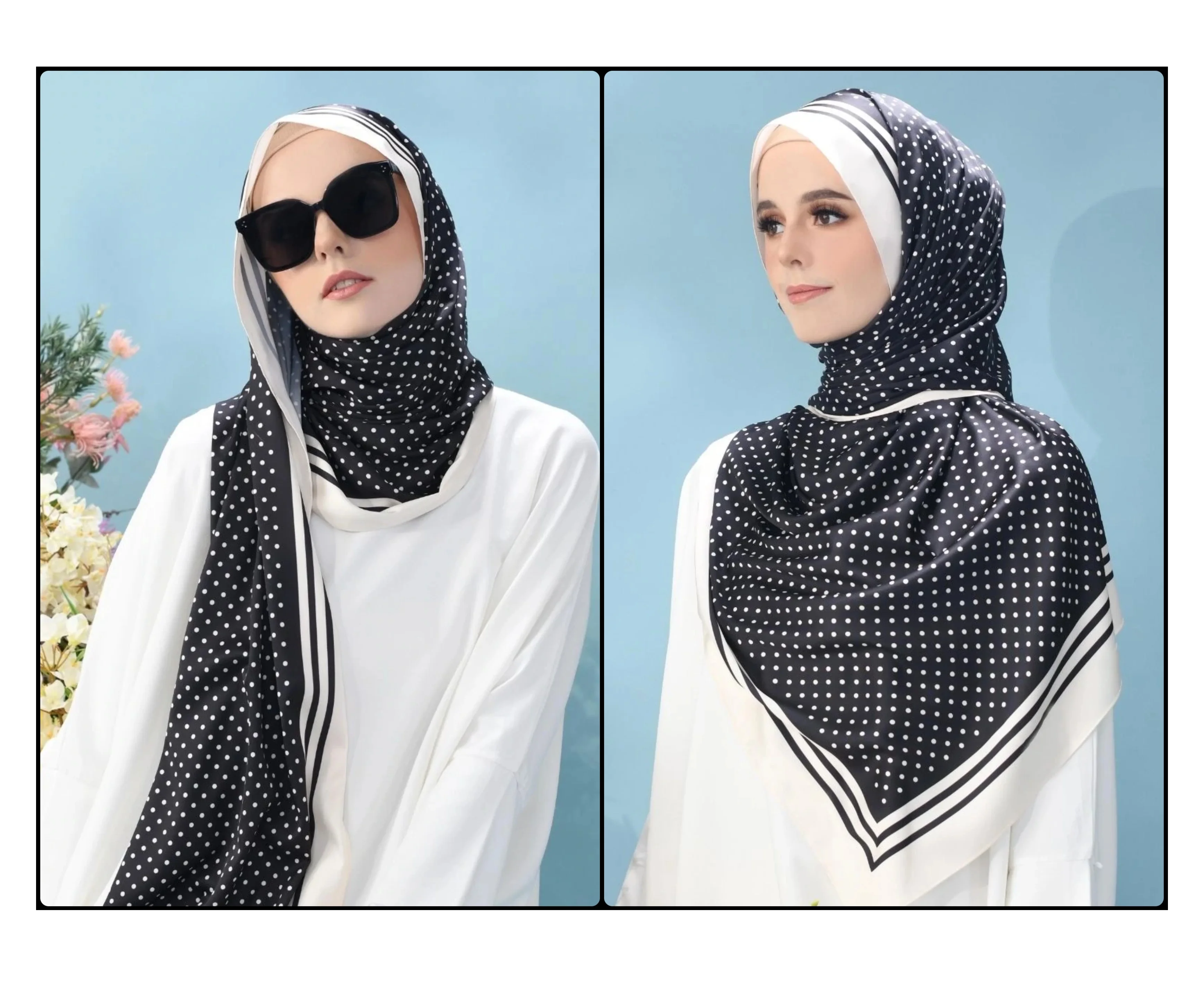 Factory Custom Printed Muslim Clothing Black & White Printed Polka Dot Design Silk Scarf Hijab