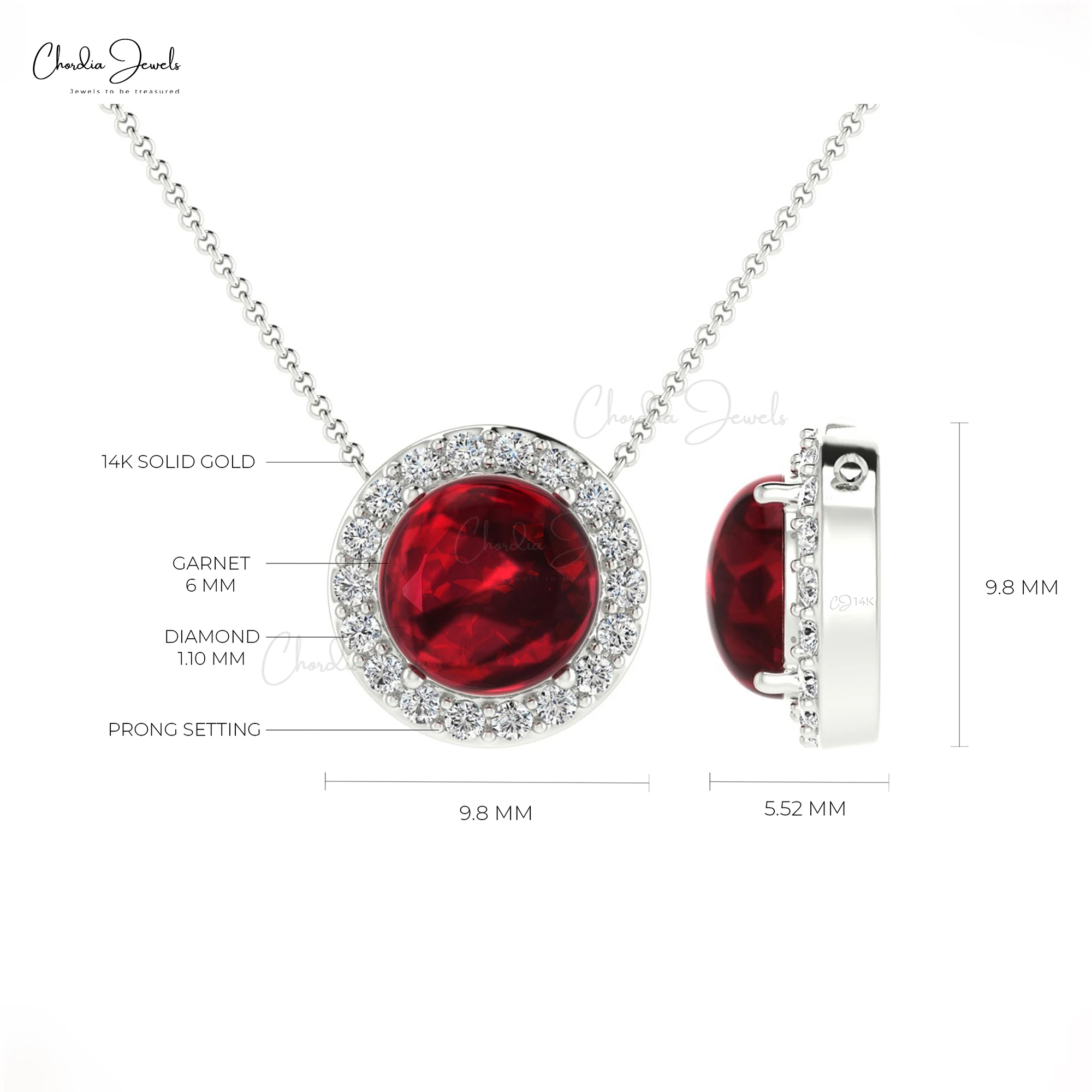 Trendy Garnet Gemstone Necklace White Diamond Solitaire Necklace 14k Solid Gold Round Cut Gemstone Necklace Wholesale Price