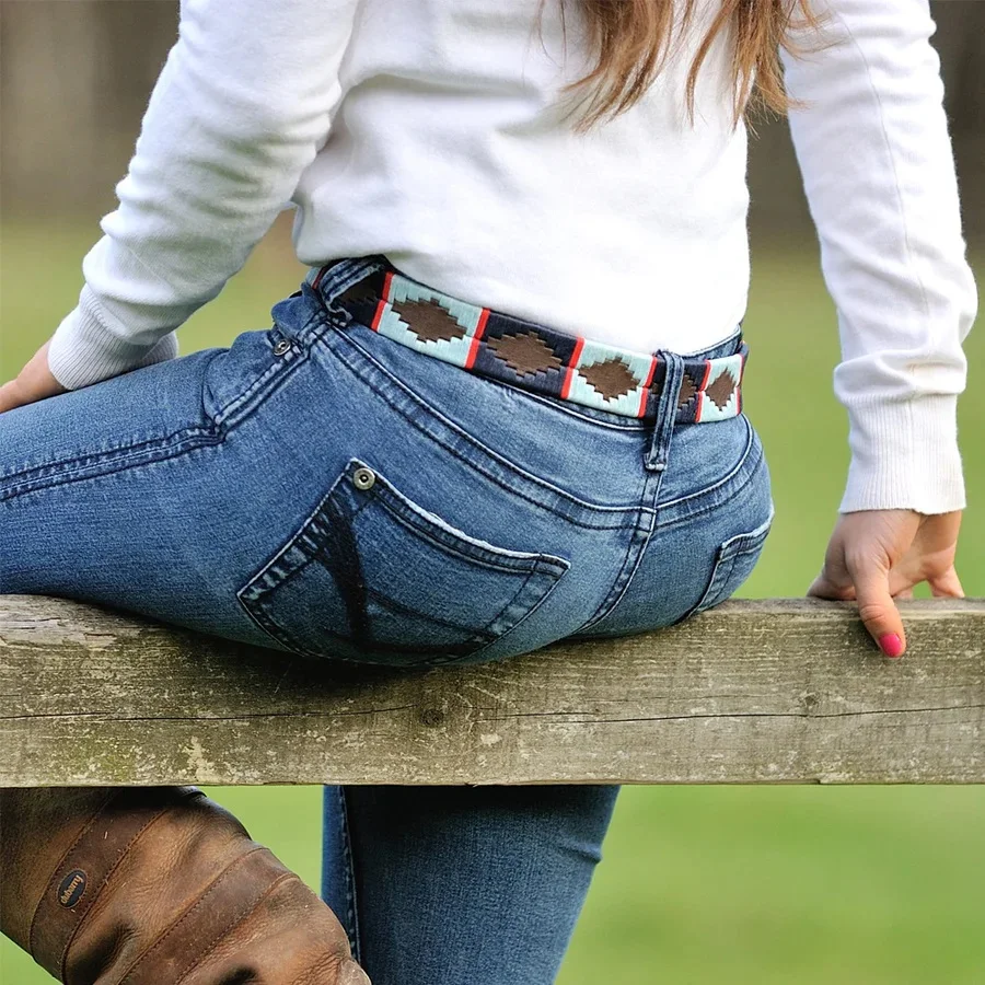 Polo Belt Navy/pale blue/ red stripe  Equestrian Genuine Leather Polo Argentina Belt