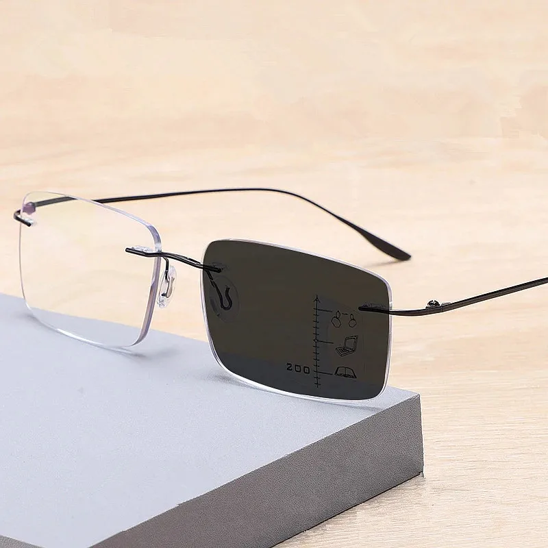 2024 Men Anti Blue Light Multi-focus Readers Eyeglasses Rimless Progressive Photochromic Reading Glasses