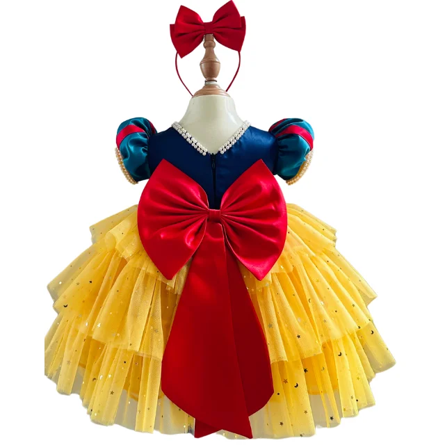 High-Tiered Three-Tiered Princess Outfit Baby Girls Large Size Cartoon Snow White Cape Dress Autumn Party Mesh Fancy OEM ODM