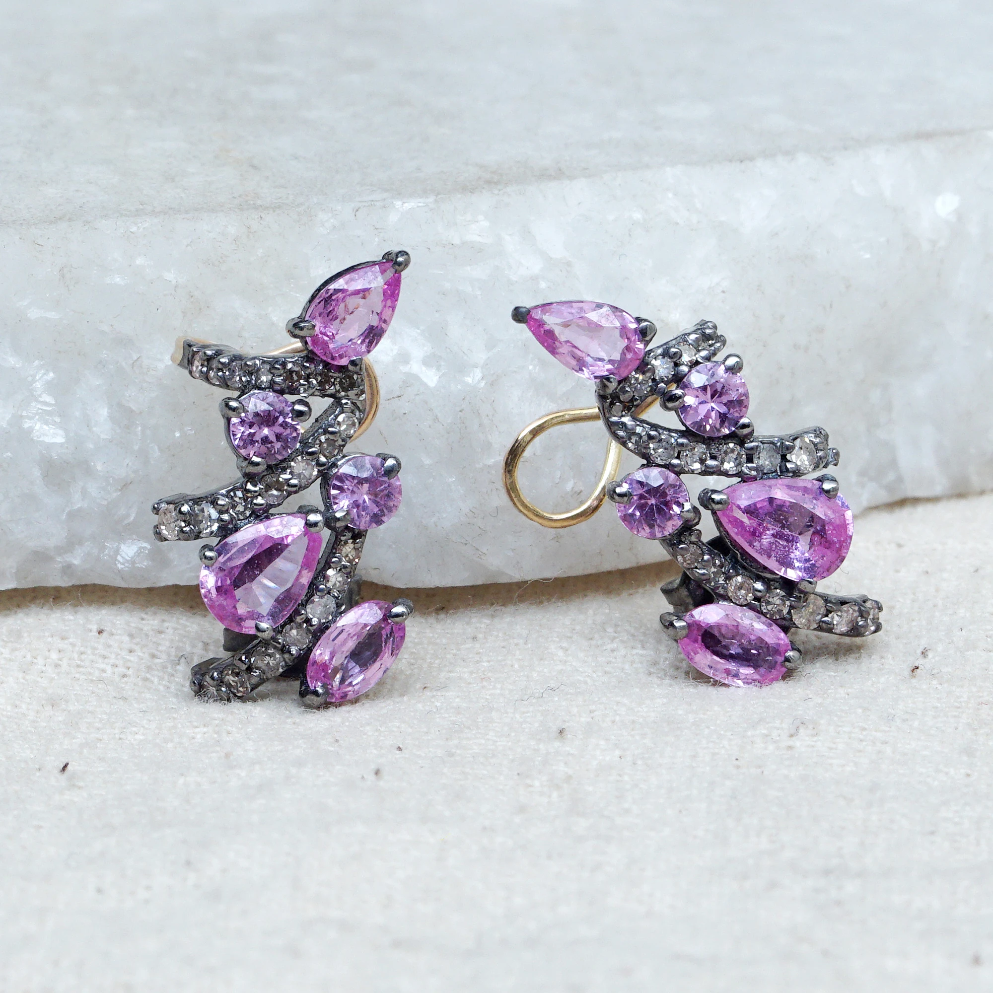 925 Silver Brown Diamond Natural Sapphire Gemstone Womens Ear Cuff Push Back Earrings Handmade Jewelry