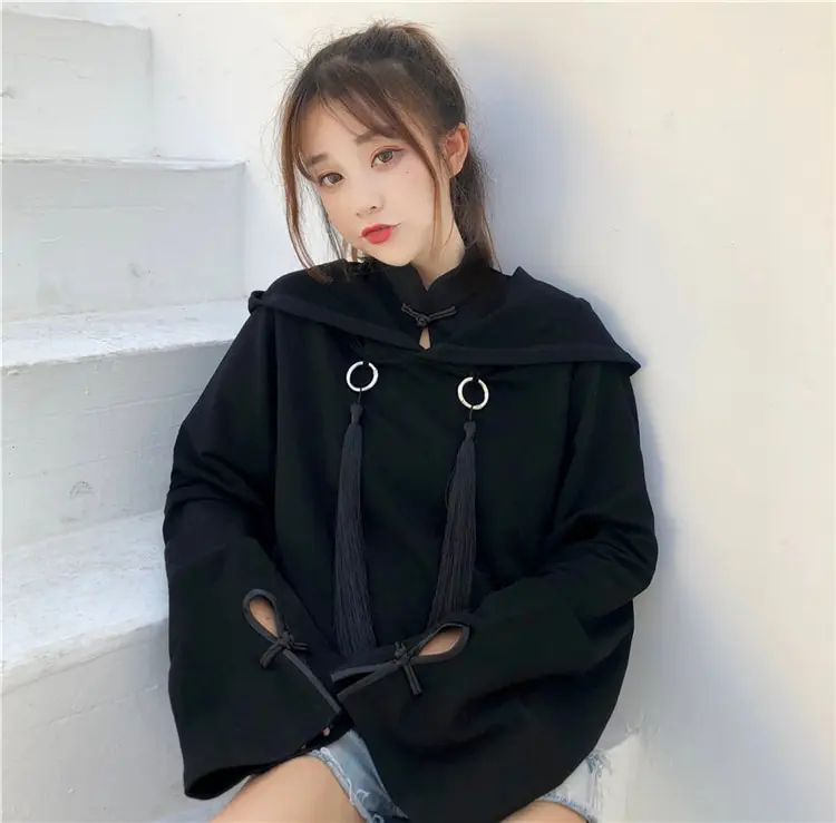 Women Fashion Long Sleeve Black Crop Top Gothic Short Hoodies Sexy Women Pullover Jumper Sweatshirt Girl Gothic Cropped Hoodie