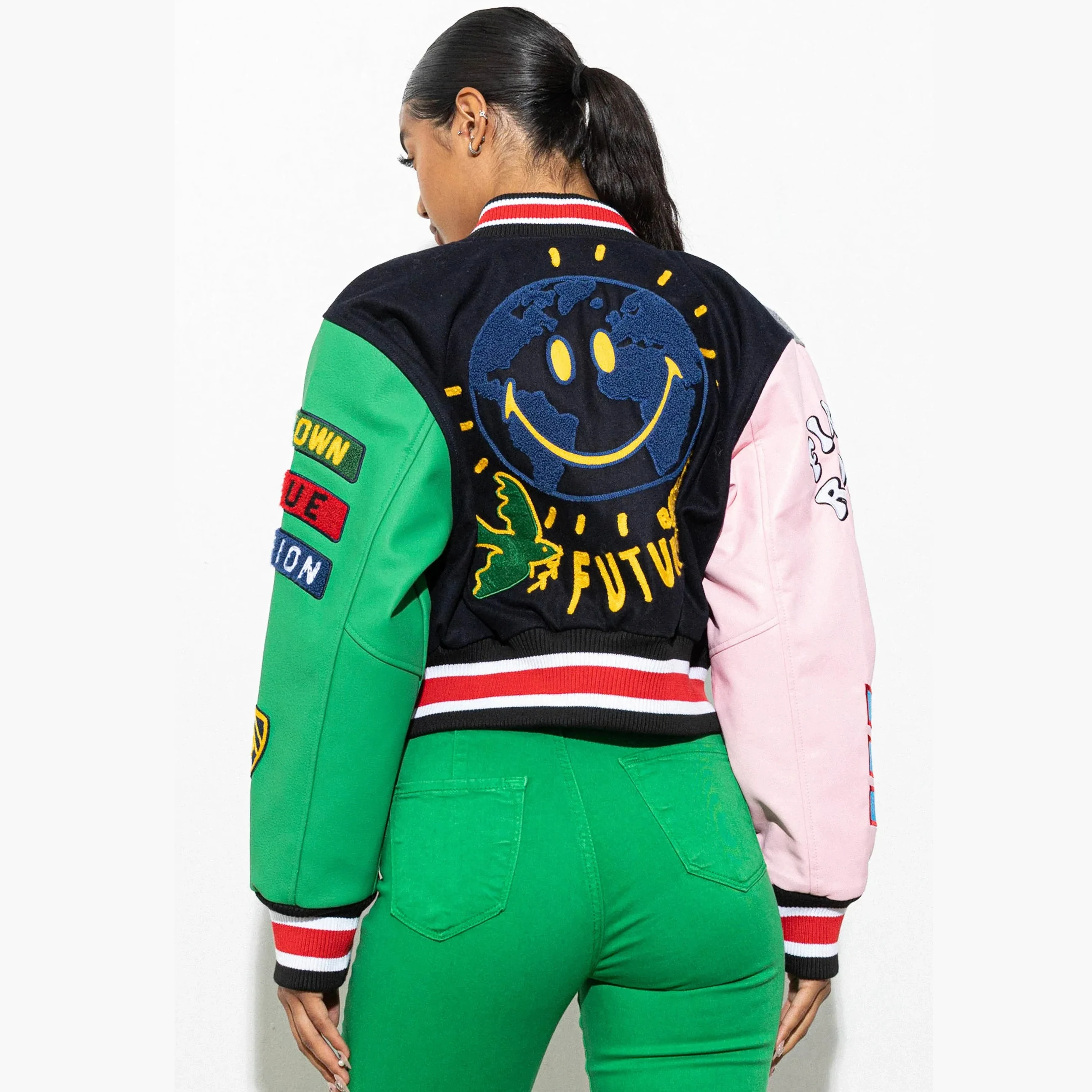 Plus Size Breathable Women Cropped Varsity Jacket Custom Logo Embroidered Leather Sleeve Crop Women Letterman Baseball Jackets