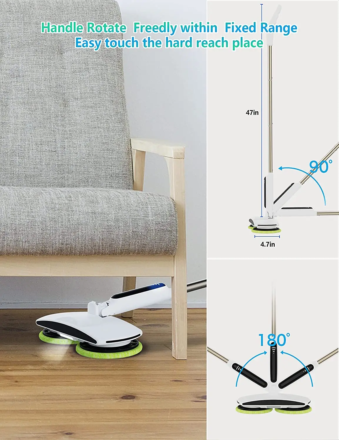 Электрическая швабра с Моторизованными двойными вращающимися насадками, дисплей аккумулятора, светодиодный прожектор, легкая, 4 подушечки из микрофибры и 2 чистящих Па