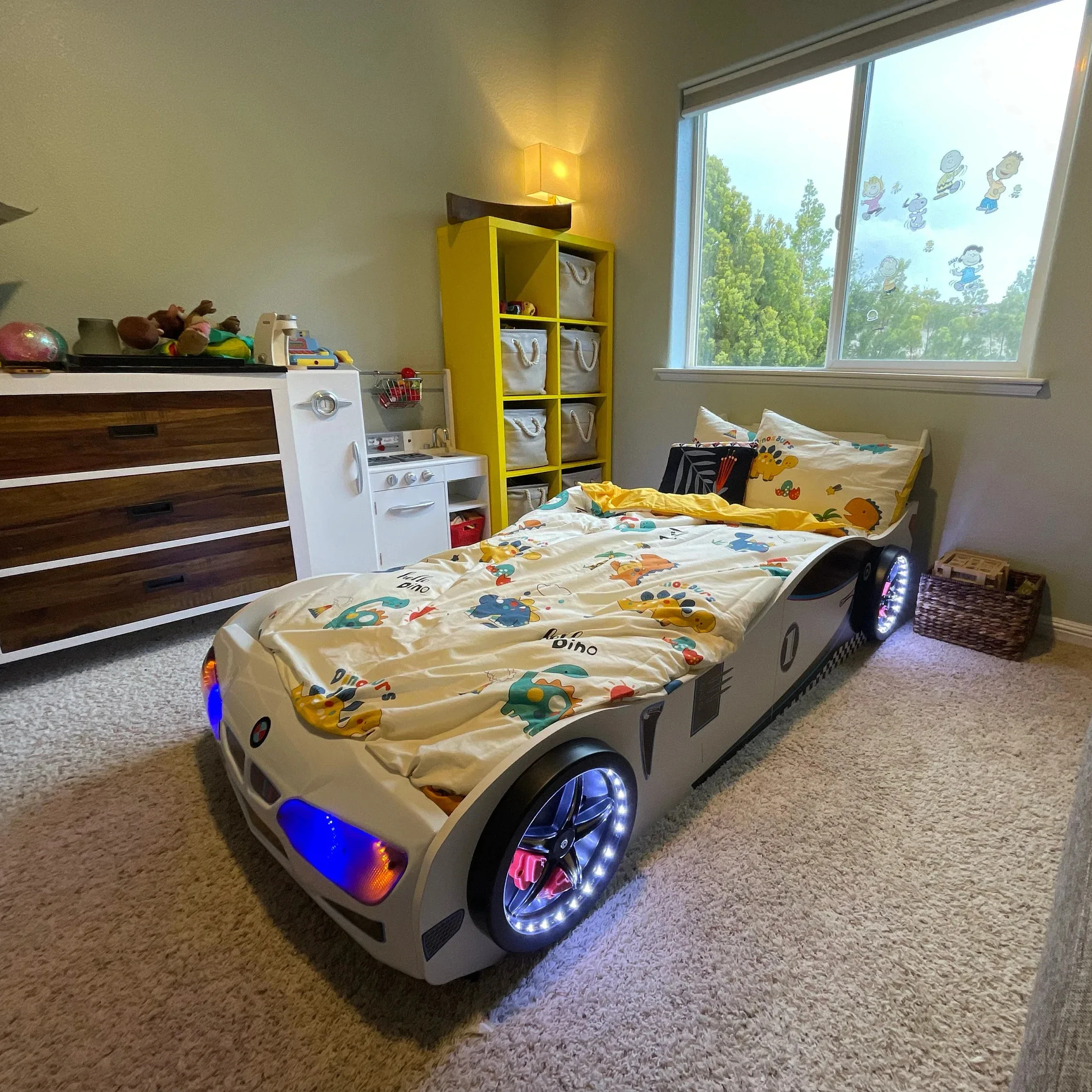 Single size Luxury car bed children solid wood fine ABS colorful led light comfortable kid bed super race car children bed