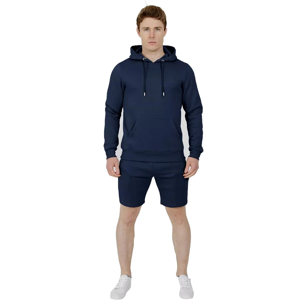 Outdoor Sport Wear Pullover Hoodie Track Suits Set Navy Blue Color Pullover Men Sportswear Workout Hoodie And Short Set