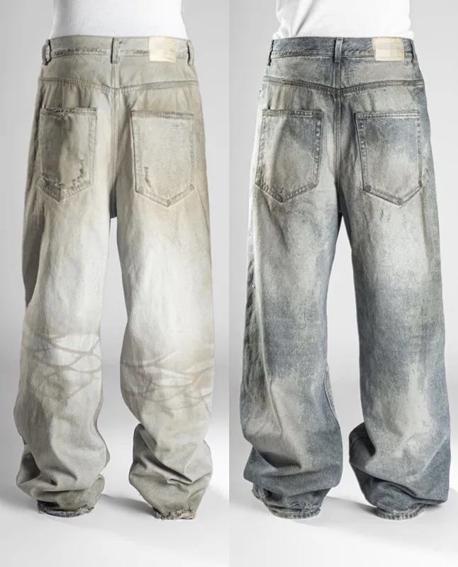 Custom menswear street wear knee-length ripped tight soft made old straight leg wash jeans