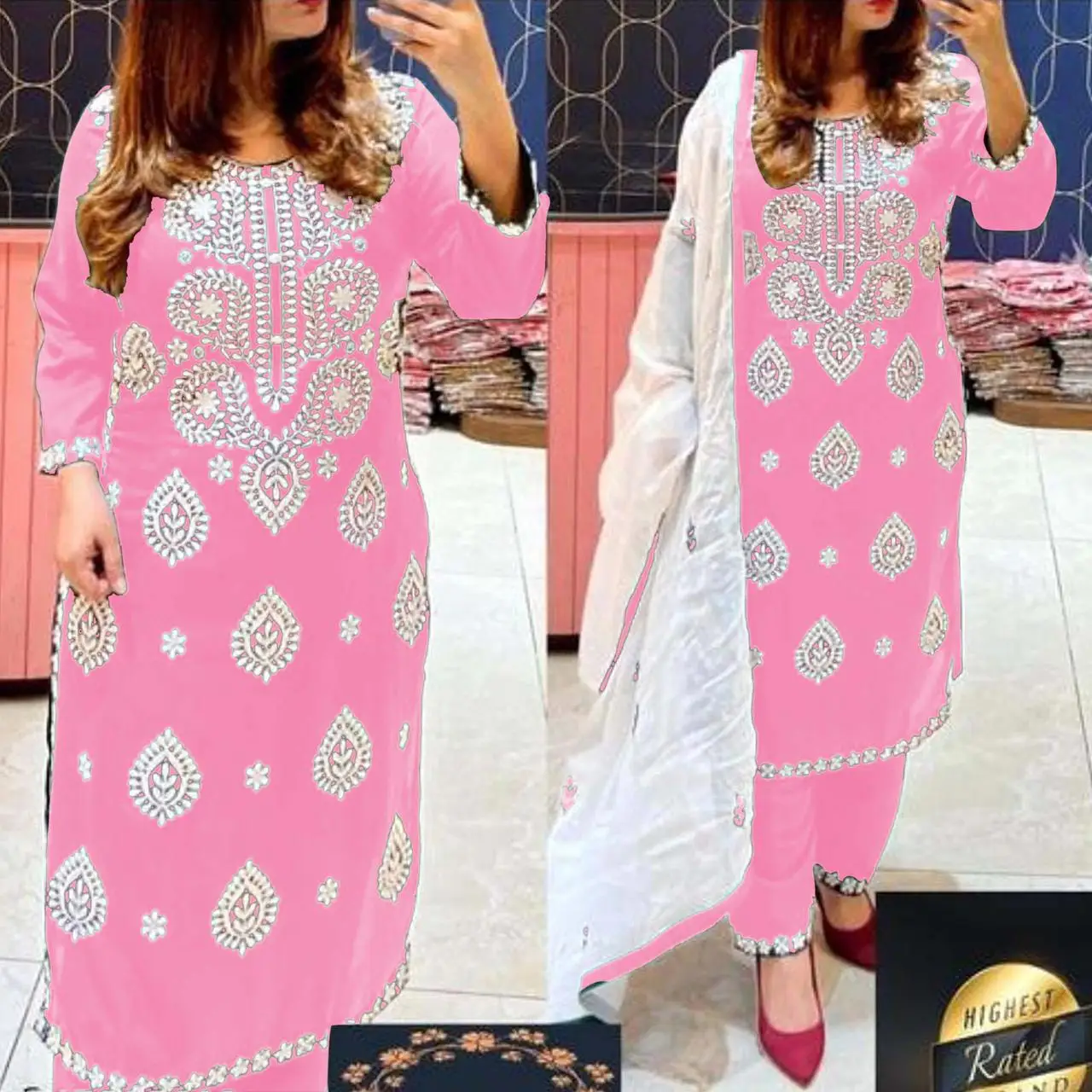 HEAVY RAYON COTTON FABRIC WITH CHICKEN KARI STYLE EMBROIDERY WORK KURTIS