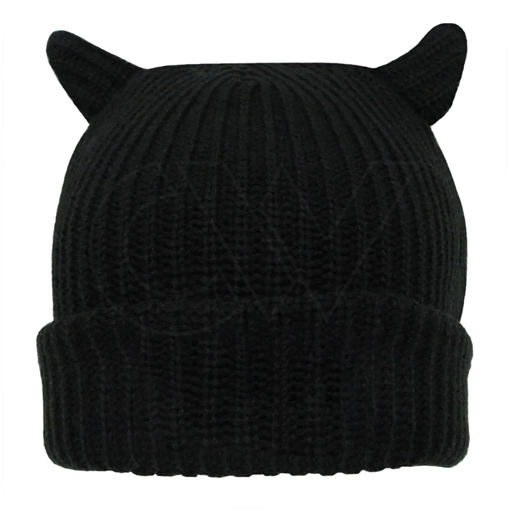 Winter Headwear Solid Black Hat Ribbed Blank Devil Knit Beanie with Horn