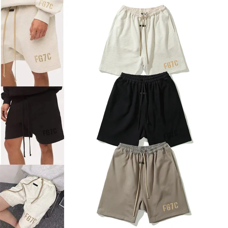 22ss High Street Bieber FOG Double Thread Flocked Letter Sweatpants Couple Hip Hop Loose Drawstring Shorts