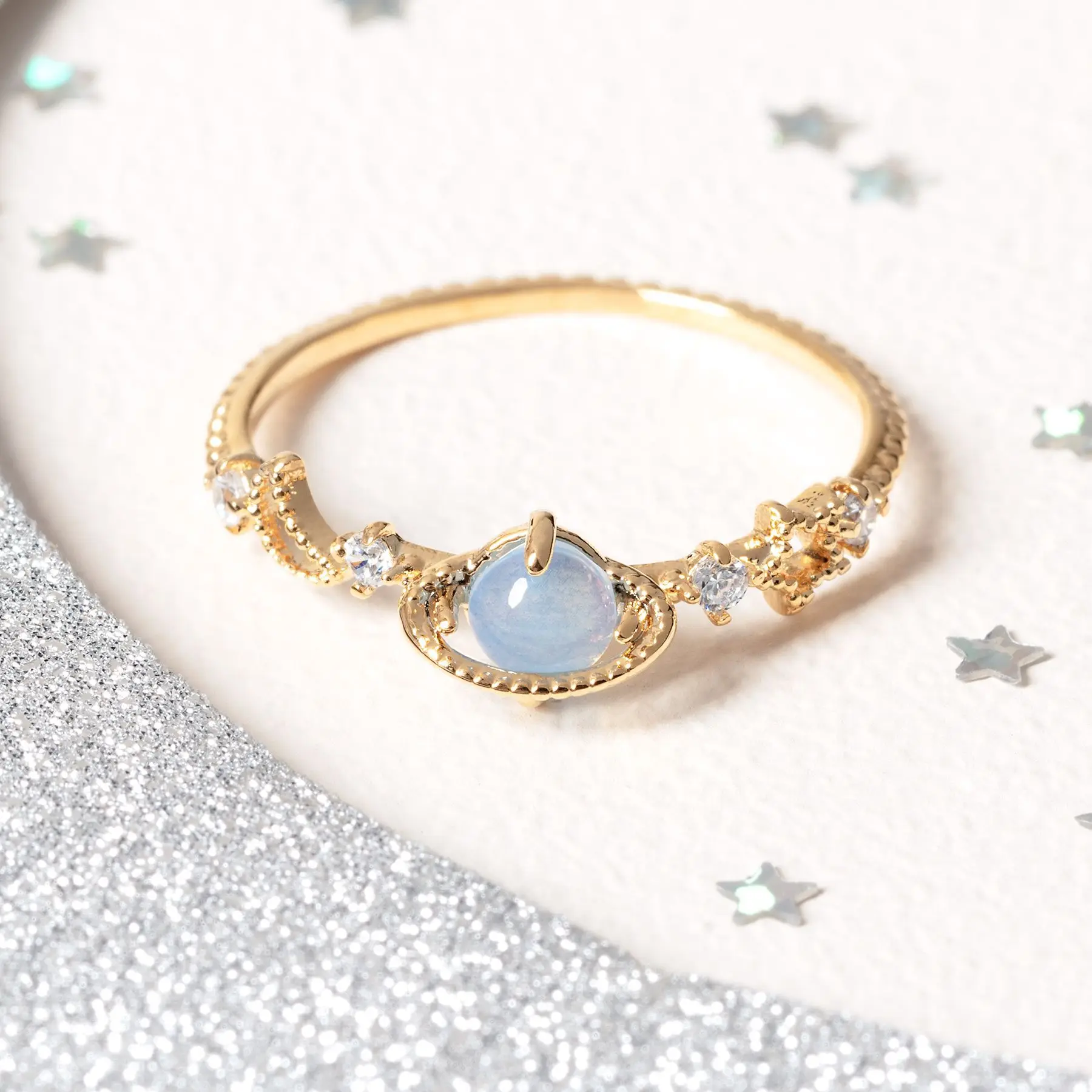 Korean designed finger jewelry 18k brass gold plated blue planet zircon ins fashion charm thin ring for woman