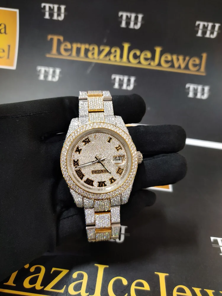 Elegant mens hip hop iced out moissanite diamond wrist hip hop watch with flawless vvs clarity stainless steel wrist watch