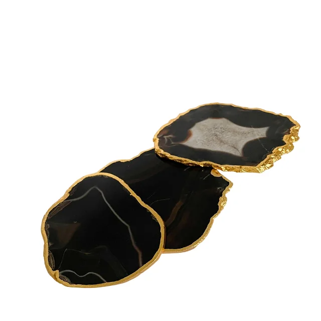 Black Onyx Semi-Precious Stone Coaster With Gold Plated Edge / Agate Slice / Agate Cup Holder Coaster