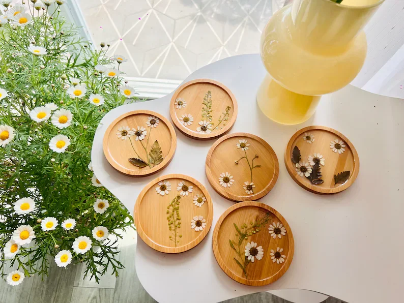 Handmade flower coasters, bamboo resin coasters, floral coasters Hot Sales 2024