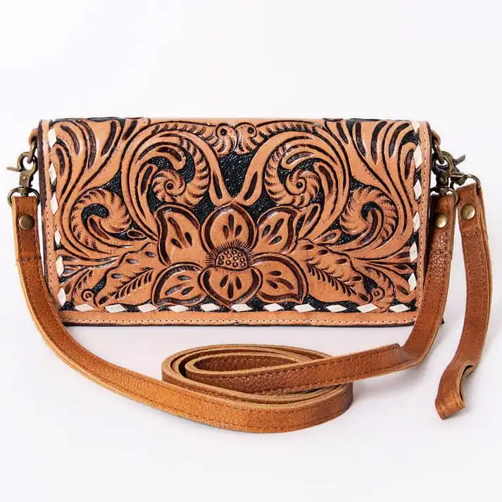 handmade tooled boho wallet card cash slots genuine leather western fashion women clutch