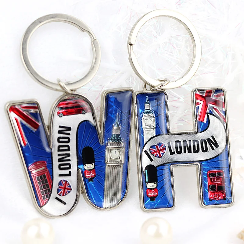 Custom Epoxy Keychain London Souvenir English Metal Alphabet Letter Initial Keychain Key Rings