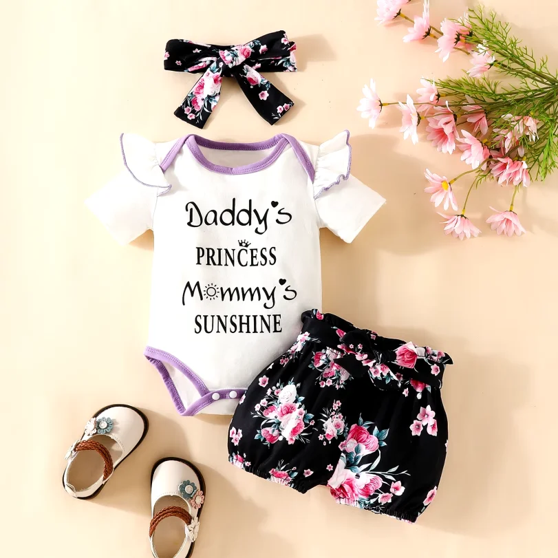 Baby Short Sleeve Triangle Romper Shorts Set Baby Girl Letter Summer Top Belt Flower Cute Pants