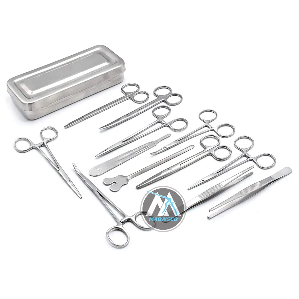 Set of 13 Pieces Basic Surgical Forceps Scissors Needle Holder Kit Stainless Steel Box Instruments