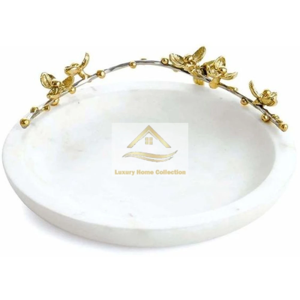 White Marble Round Bowl With Golden Color Brass Leaves And Flowers Attached Attractive Design Food & Dry Fruits Serving Tray