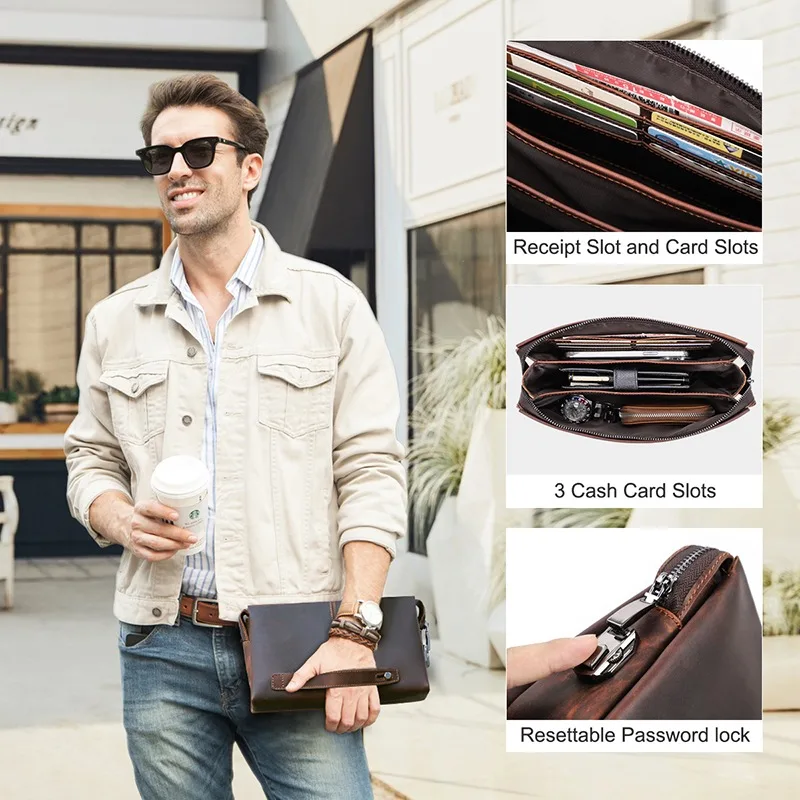 Men Clutch Bag Large Capacity Coded Lock Design Genuine Leather Men clutches Cell Phone Pocket Business Long Purse Male
