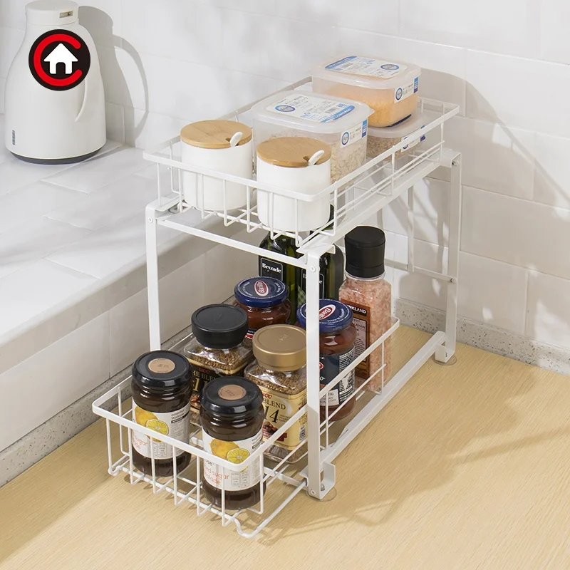 Pantry Cabinet Storage Sliding Drawer Sink Organizer Pull Out 2 Tier Metal Under Sink Organizer for Kitchen and Bathroom
