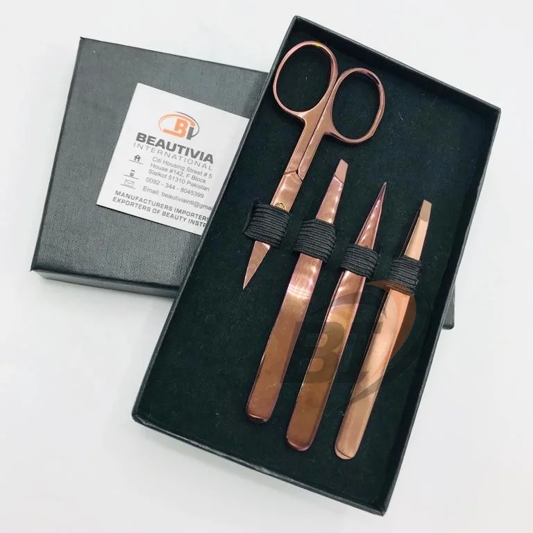 Rose Gold Plated Stainless Steel Eyebrow Tweezers Scissor Set Brow Shaping Tweezer Beauty Cosmetic Tools