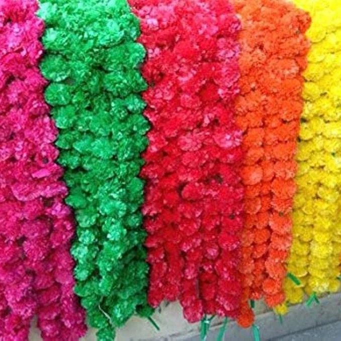 Artificial Mixed Marigold wholesale flower garlands 5 ft long use in parties, celebrations, Indian weddings themed