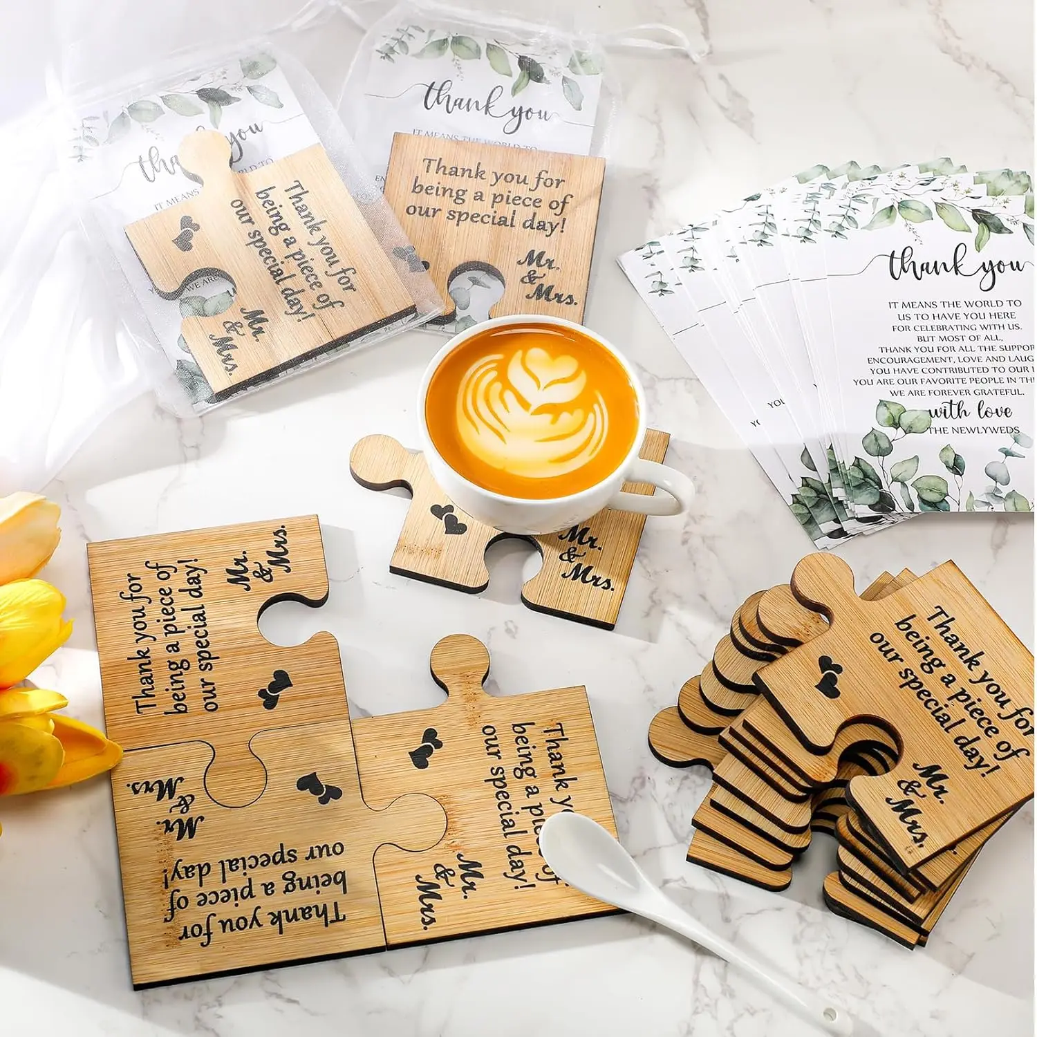 DIY 4PCS Wedding Thank You Favors for Guests Puzzle Piece Coasters Wedding Thank You Cards and Organza Bags for Wedding Gifts