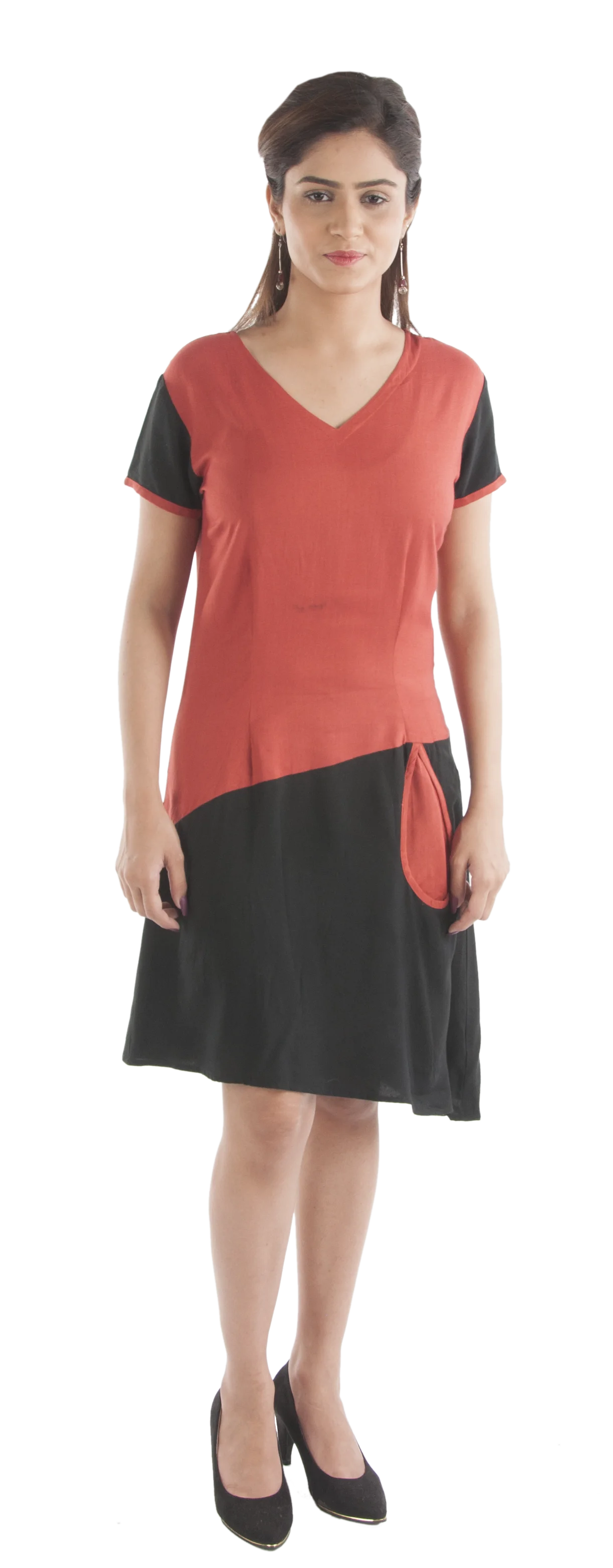 Stylish Fashionable Elegant Knee Length Dress with Half Sleeves and Asymmetric Bottom in Two Tone Color for Girls and women