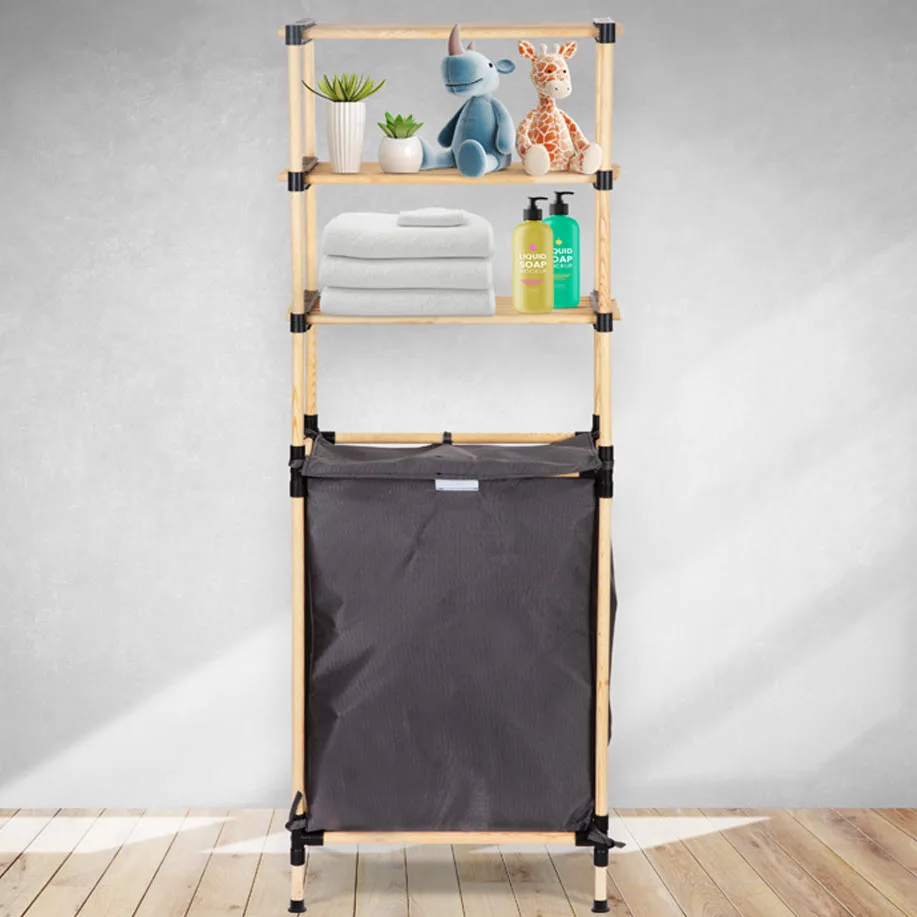 New Design Modular Multi Functional Bathroom Shelf Wood Organizer with Basket Fast Easy Installation