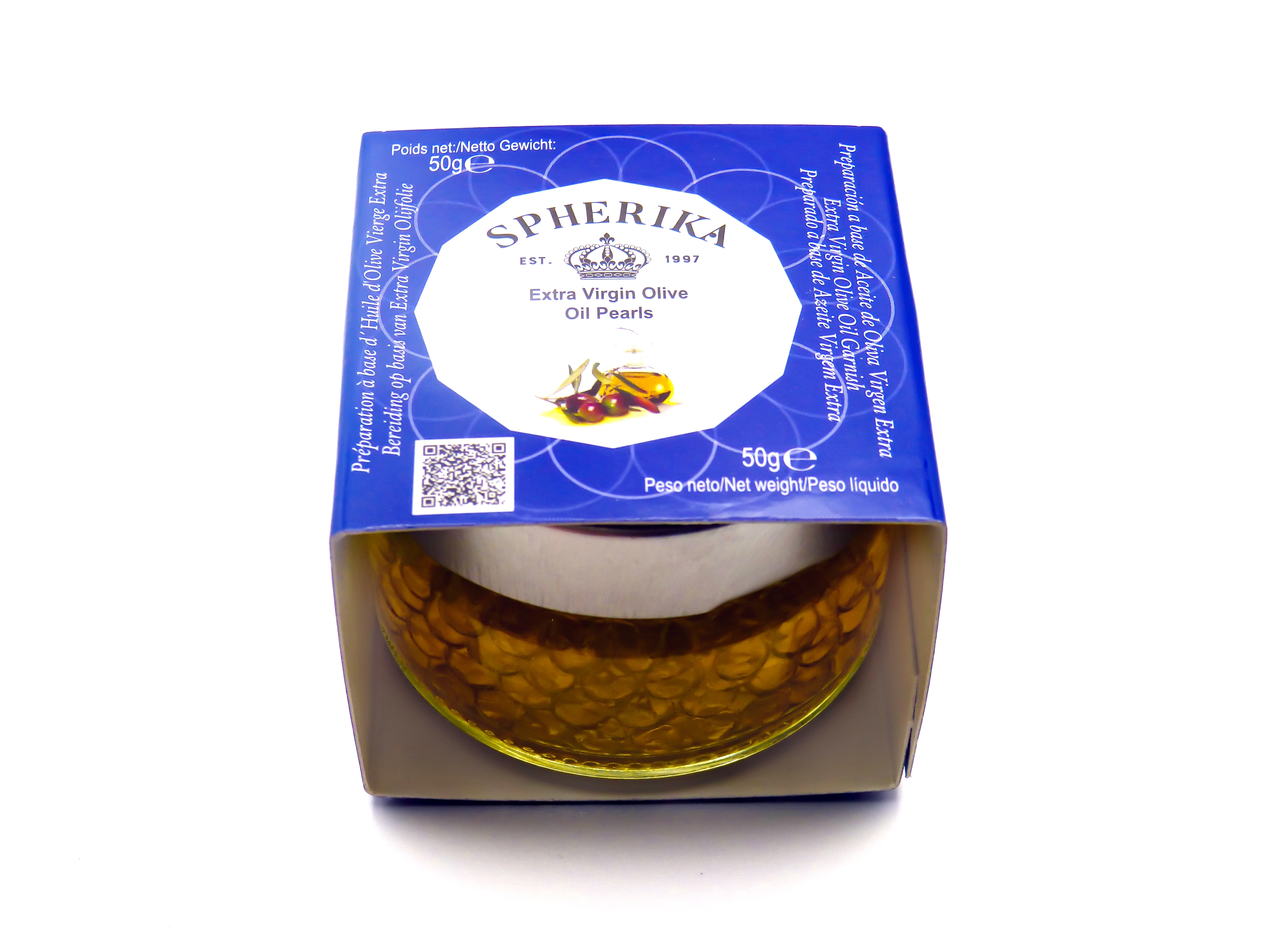 Spherika Extra Virgin Olive Oil -Pearls 50g glass jar 1 oz Spain Mediterranean diet salads olives picual Spherifications