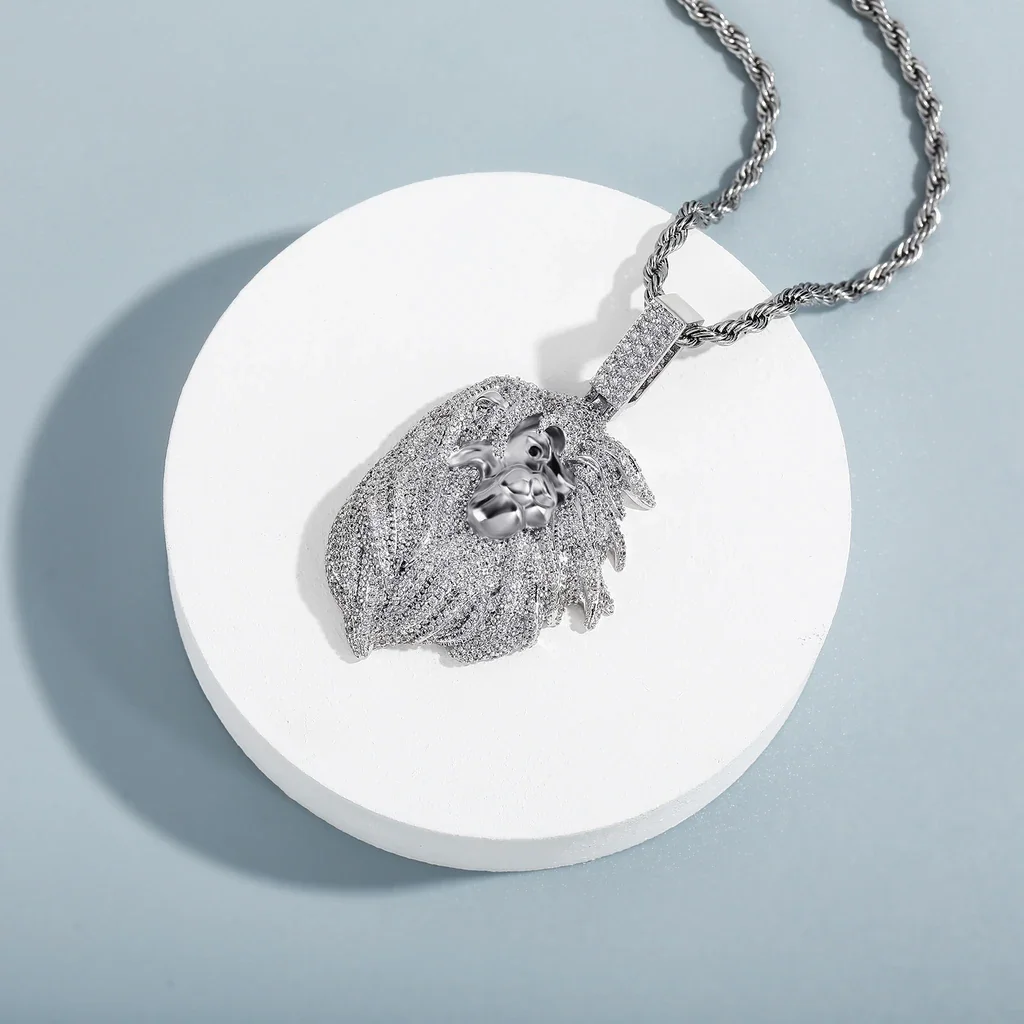 Lion Shape Iced Out Hip Hop Certified Gold Pendant 24 Rope Chain Necklace Jewelry Gift For Your Boyfriend & Friend