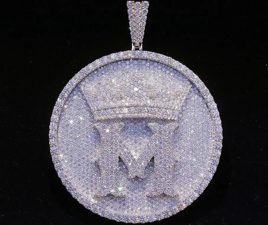 M Letter With Crown In Circle Shape Pendant Super Sparkling Moissanite Hip Hop Pendant