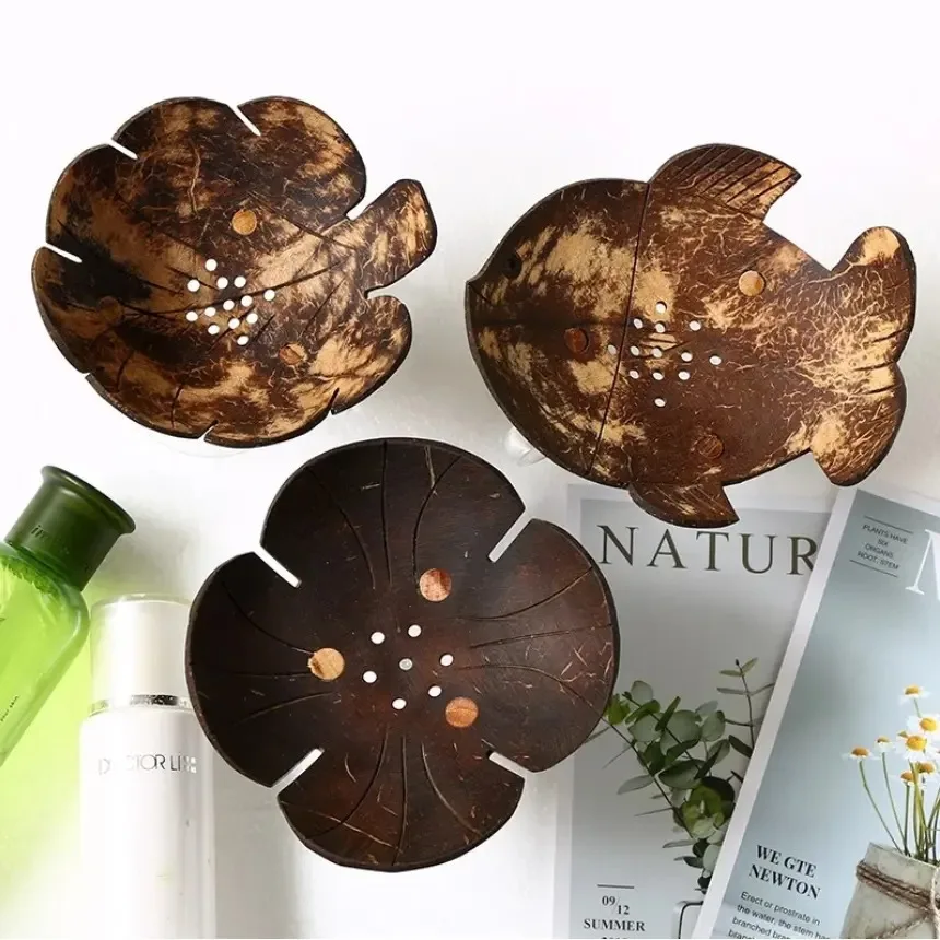 Sustainable small kids baby soaps dish handmade natural coconut shell stand holder soap bar rack for bath room decor