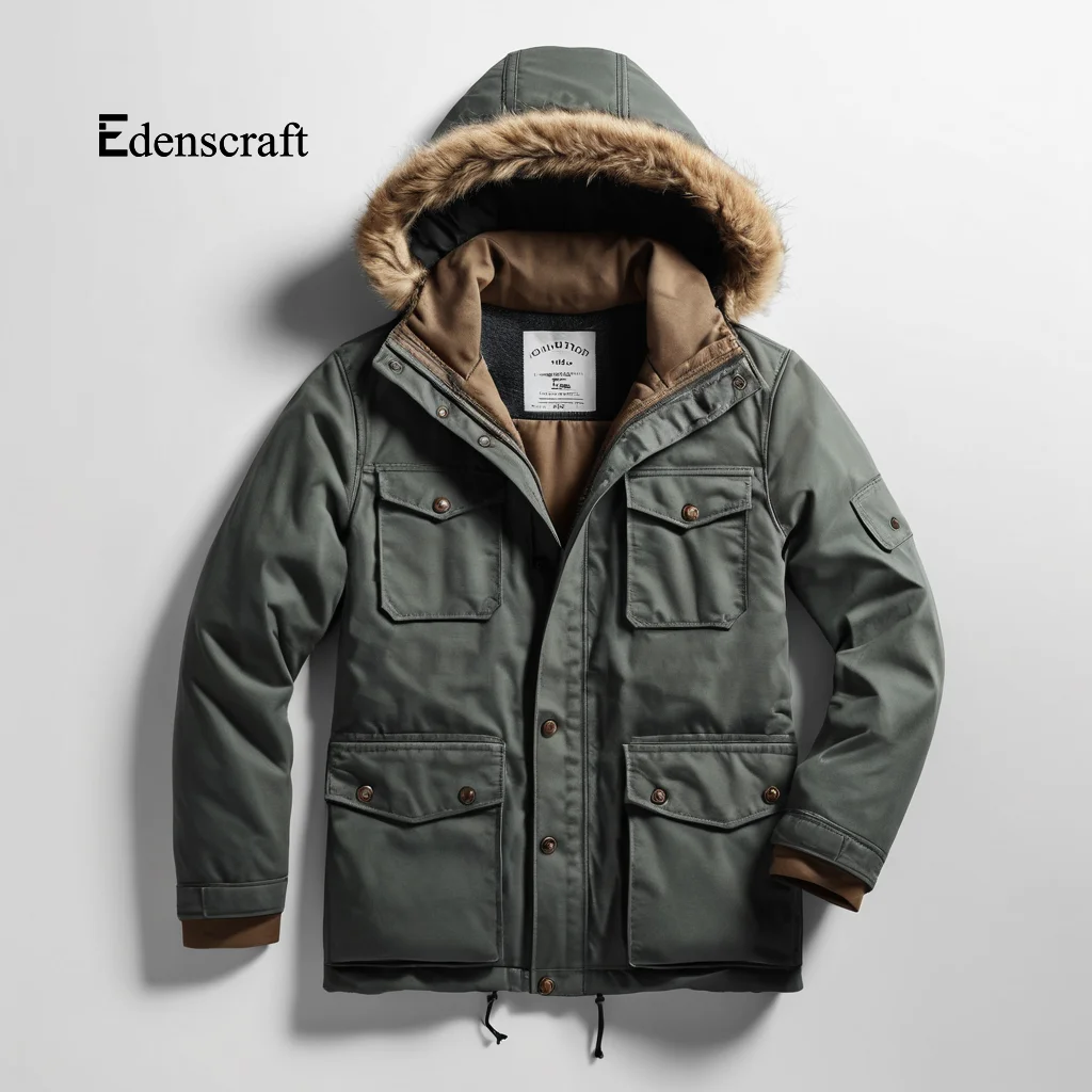Insulated Fur Hooded Canvas Winter Parka Mens Heavyweight Durable Jacket for Cold Weather Outdoor Comfort