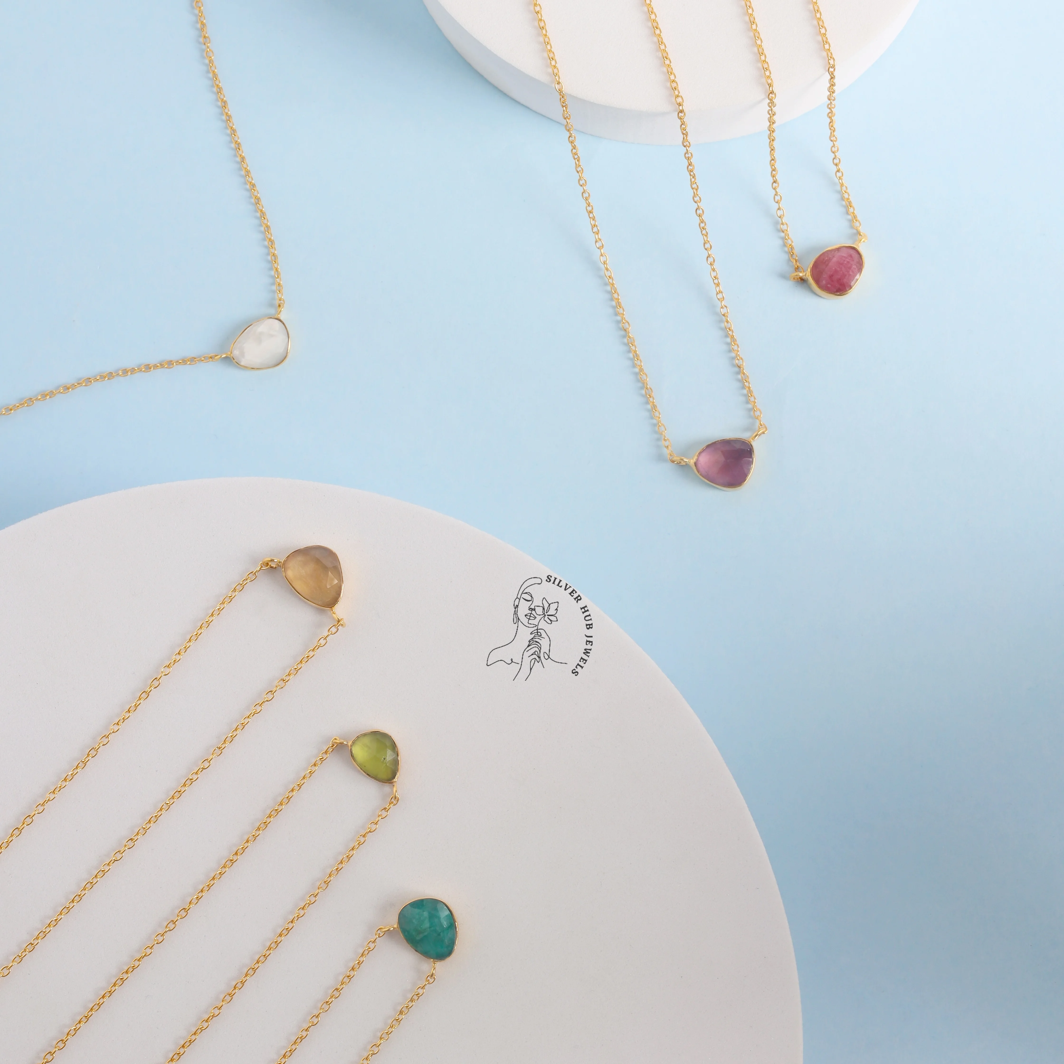 Natural Fashionable Necklace Stone Amethyst Ruby Emerald Peridot 925 Sterling Silver Gold Vermeil Birthstone Necklace