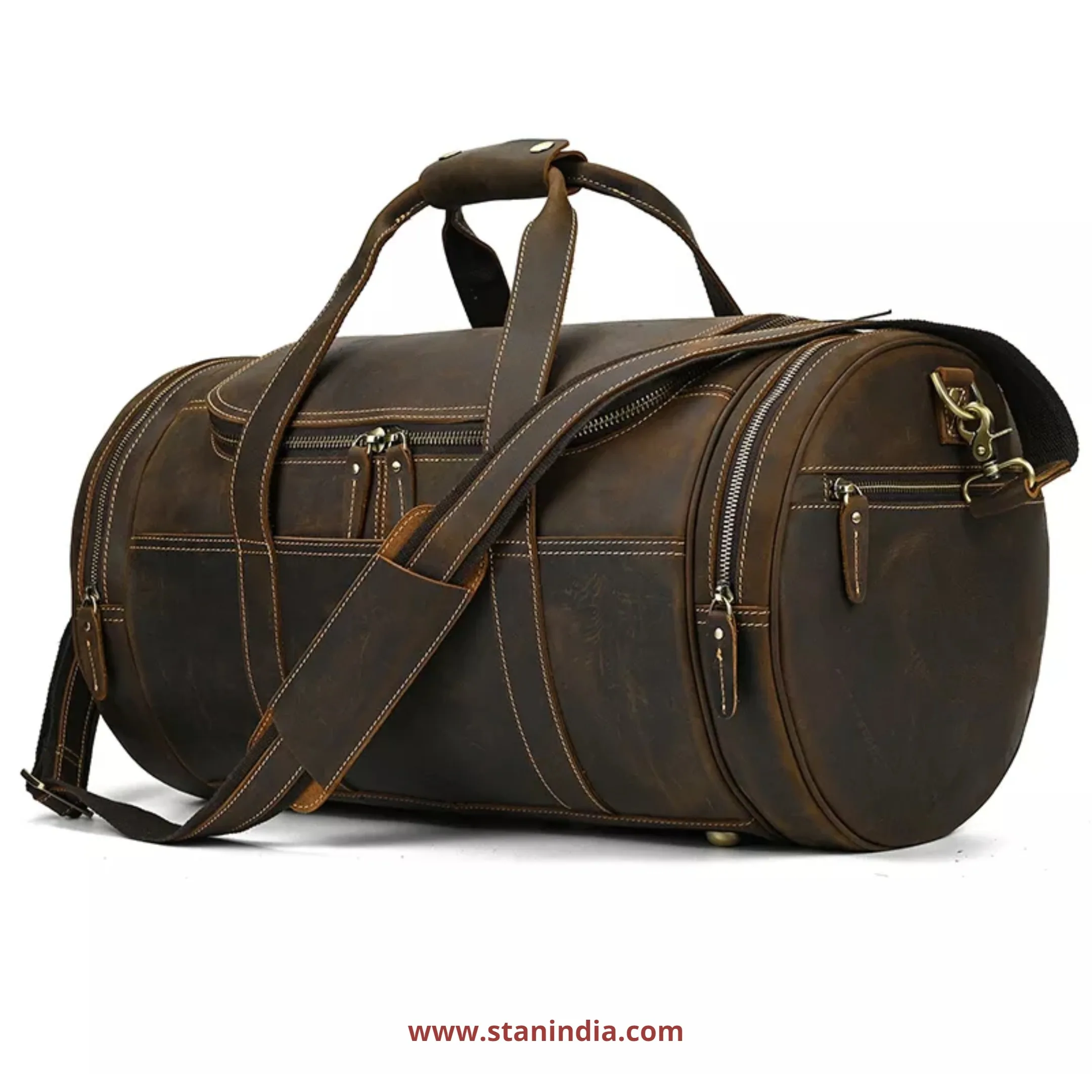 Classic Crazy Horse Leather Round Duffel Bag Durable Spacious Business Travel Gym Weekend Trips with Multiple YKK Zipper Pockets