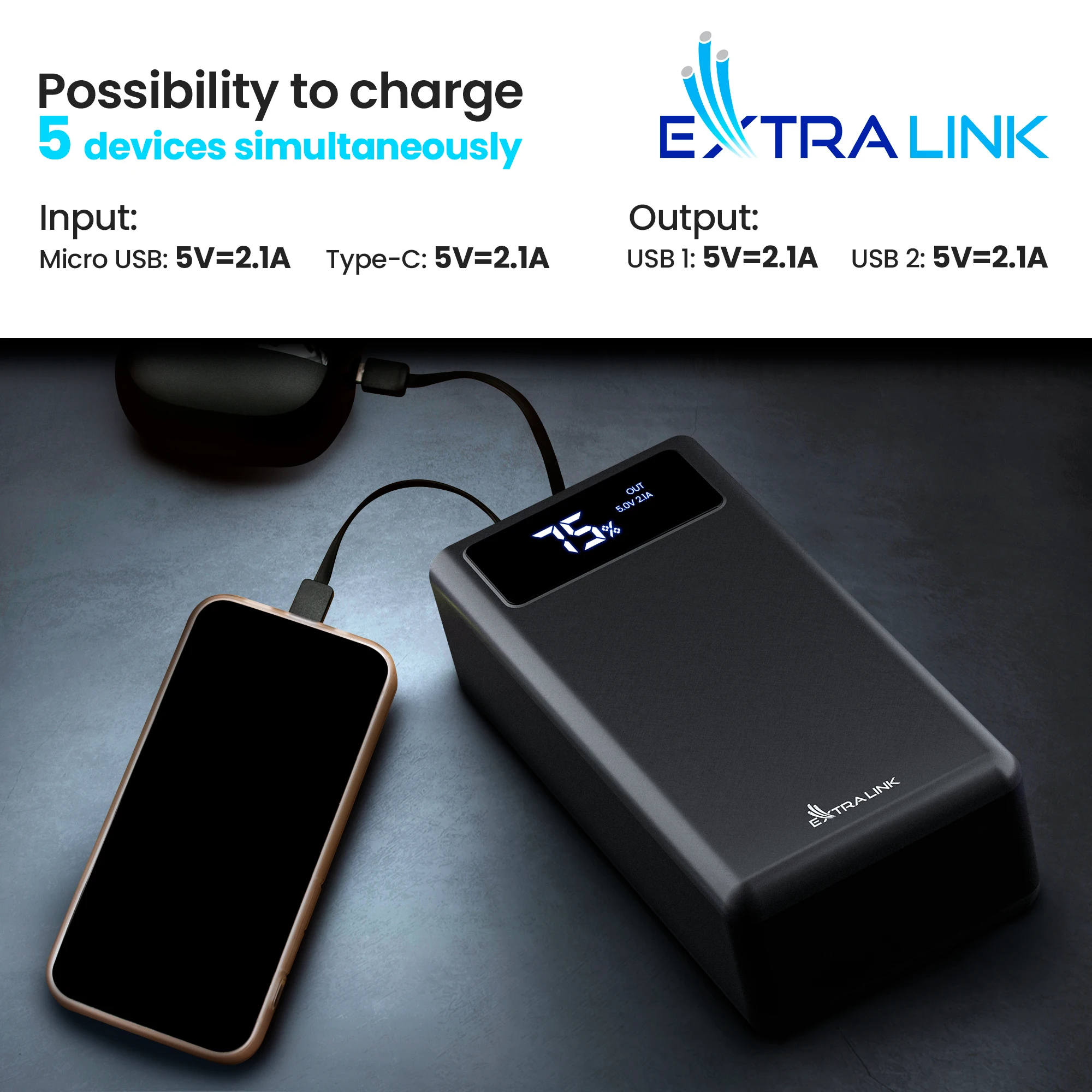 Extralink EPB-114 50000 мАч черный Powerbank Power bank USB-C светодиодный фонарик Функция электроники