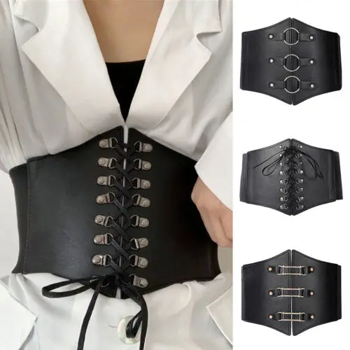 Women Buckle Bandage Corset Wide Pu Leather Slim Body Belt Elastic High Waist leather fashion belts women