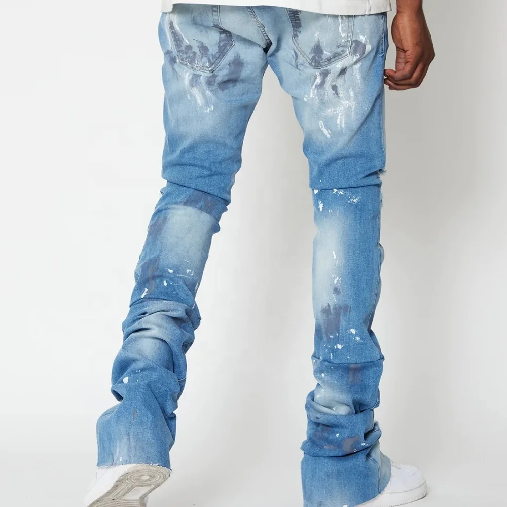 OEM/ODM custom stacked jeans men hole ripped jeans men print stacked jeans men distressed denim pants