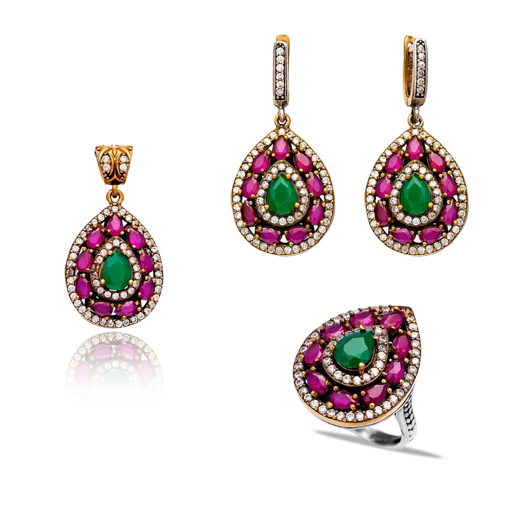Authentic Handcrafted Wholesale Turkish Silver Set 925 Emerald Stone Fine Jewelry Trendy Fashion
