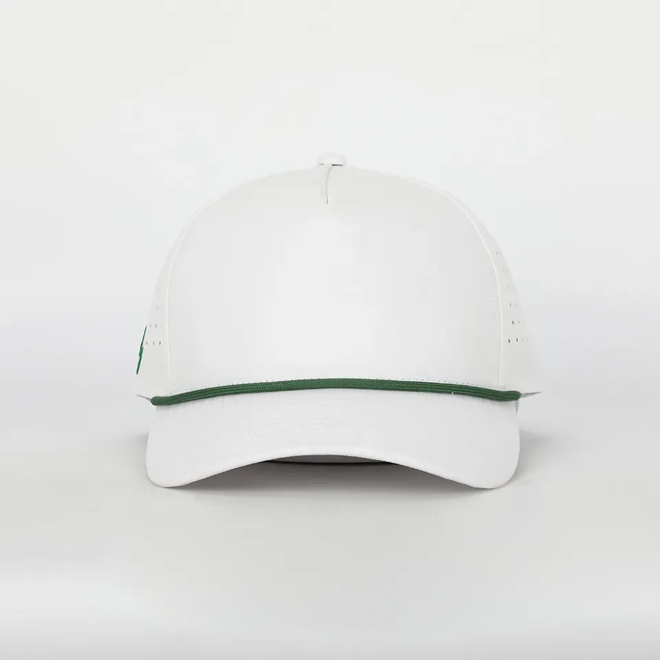 Custom Logo 5 Panel Plain Blank Golf Cap Cut Hole Perforated Classic Quick Dry Polyester Rope Hat