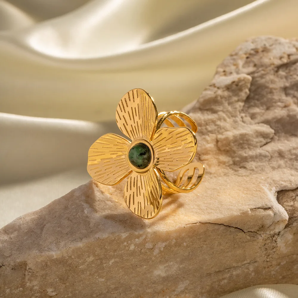 Waterproof Non-fade Lusterless Four Petal Flower Exaggerated Set African Turquoise Open Ring