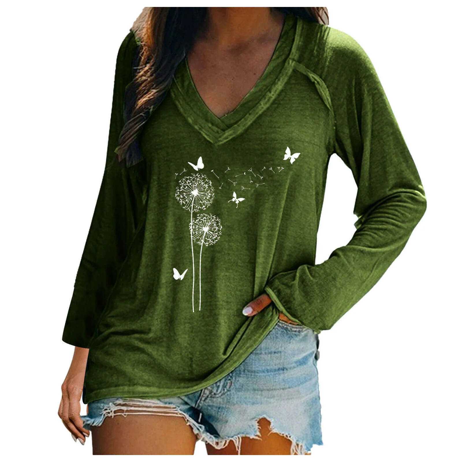 Latest 3d Digital Printed Women Casual V Neck Long Sleeve Casual T-Shirt Tops at Wholesale